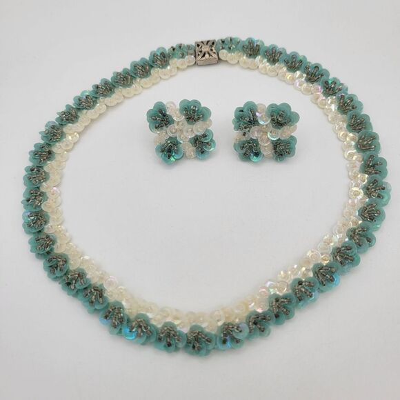 Jewelry - Vintage 1950s Aqua Sequin Necklace & Earrings Set